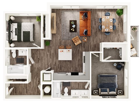 Floor plan for 2 beds, 2 baths, 1133 sqft